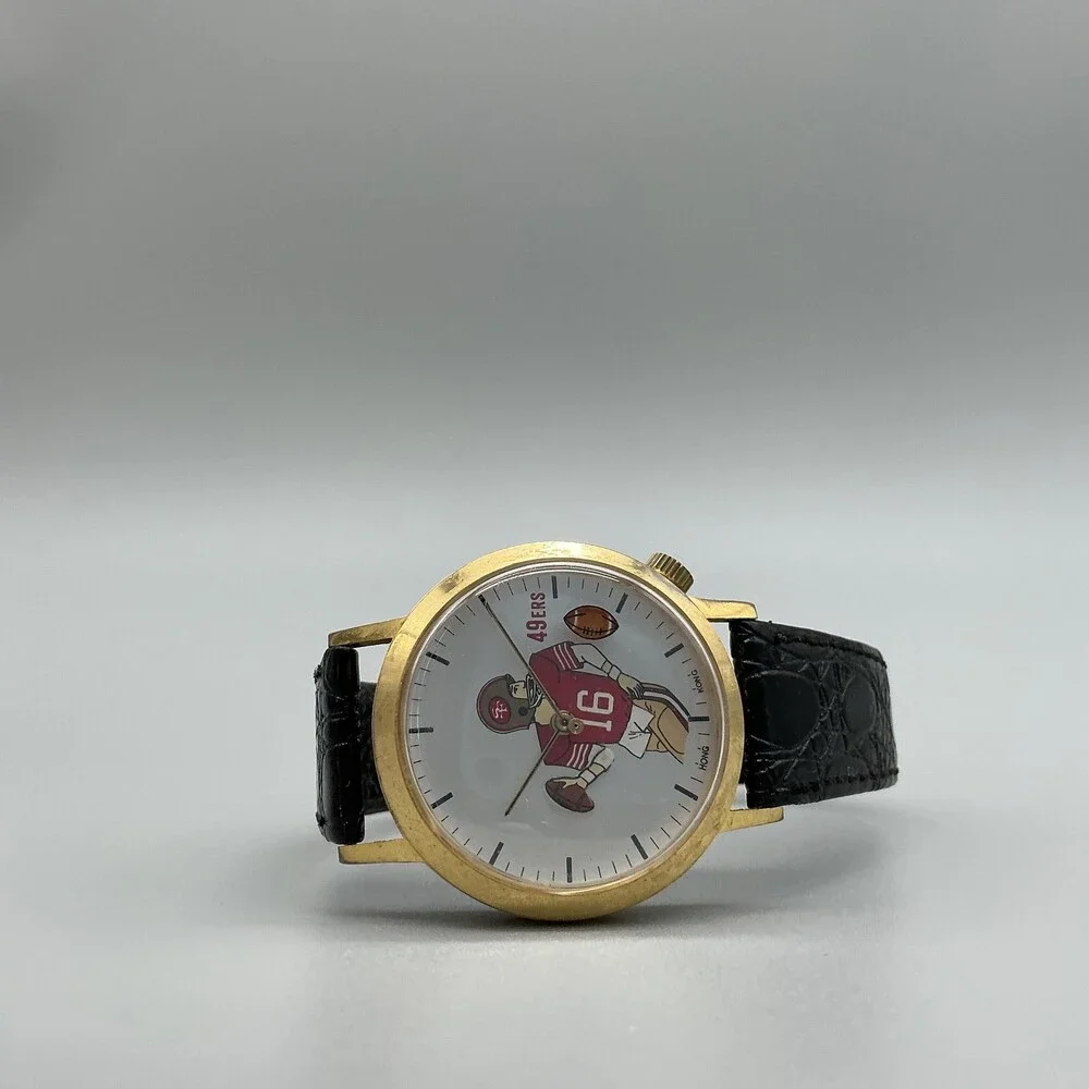 Vintage San Francisco 49ers Mens Watch 35mm White Dial Gold Manual Wind Leather